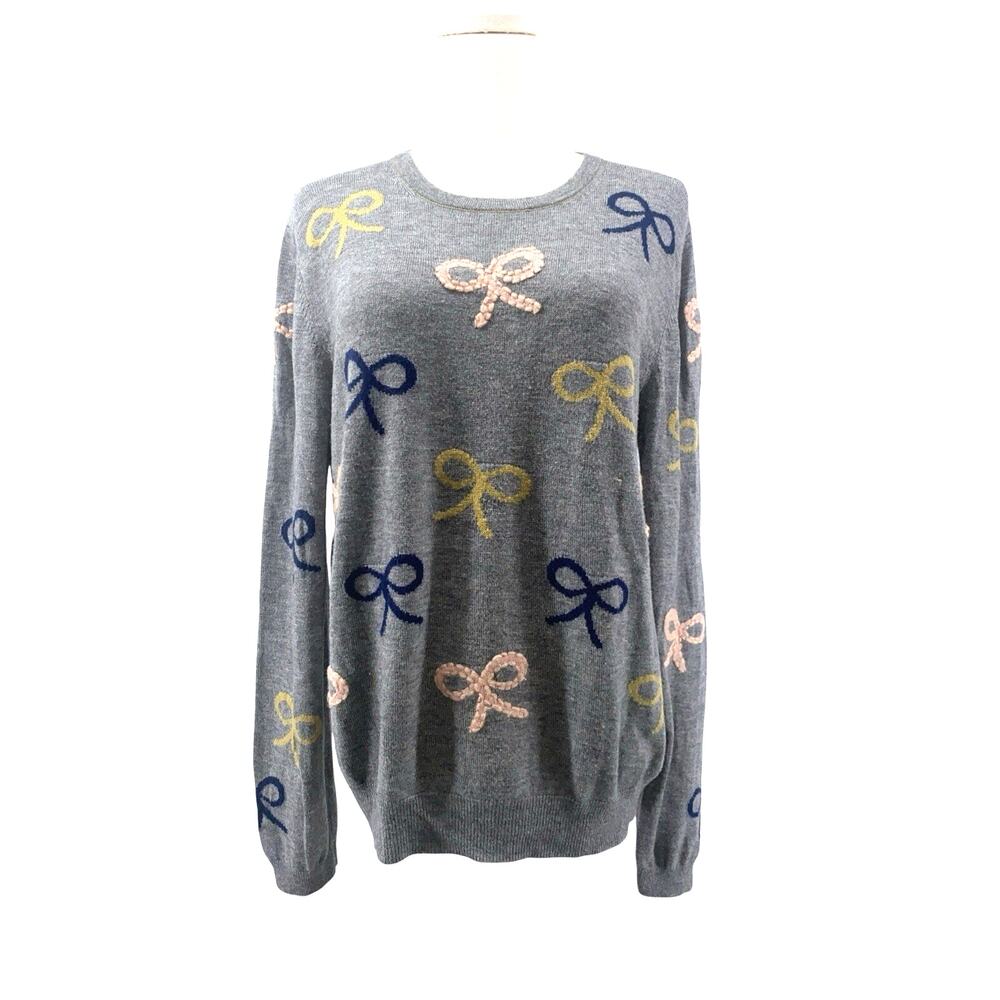 Anthropologie Field Flower Gray Bow Sweater Button Back Sz XL Wool Blend Soft